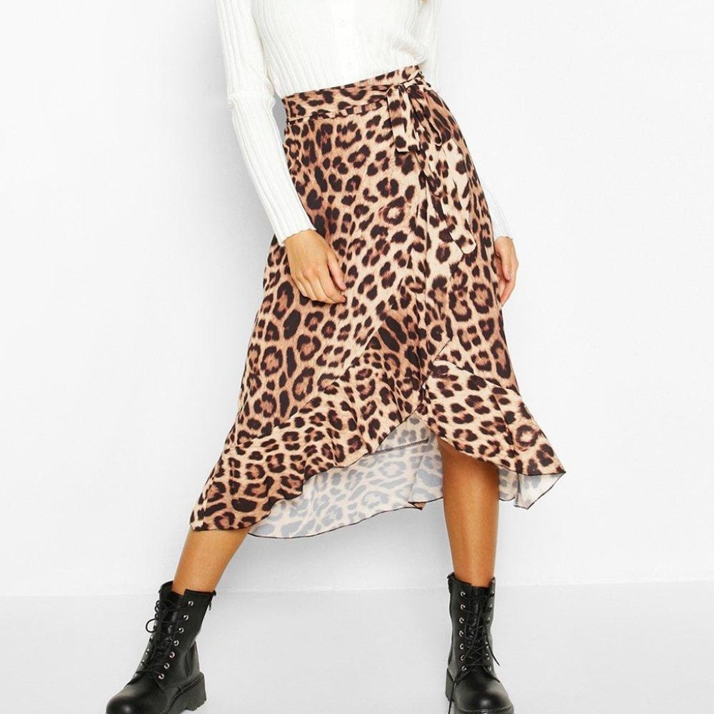 {Boohoo} Leopard Print Ruffle Faux Wrap Skirt, Made in Italy
